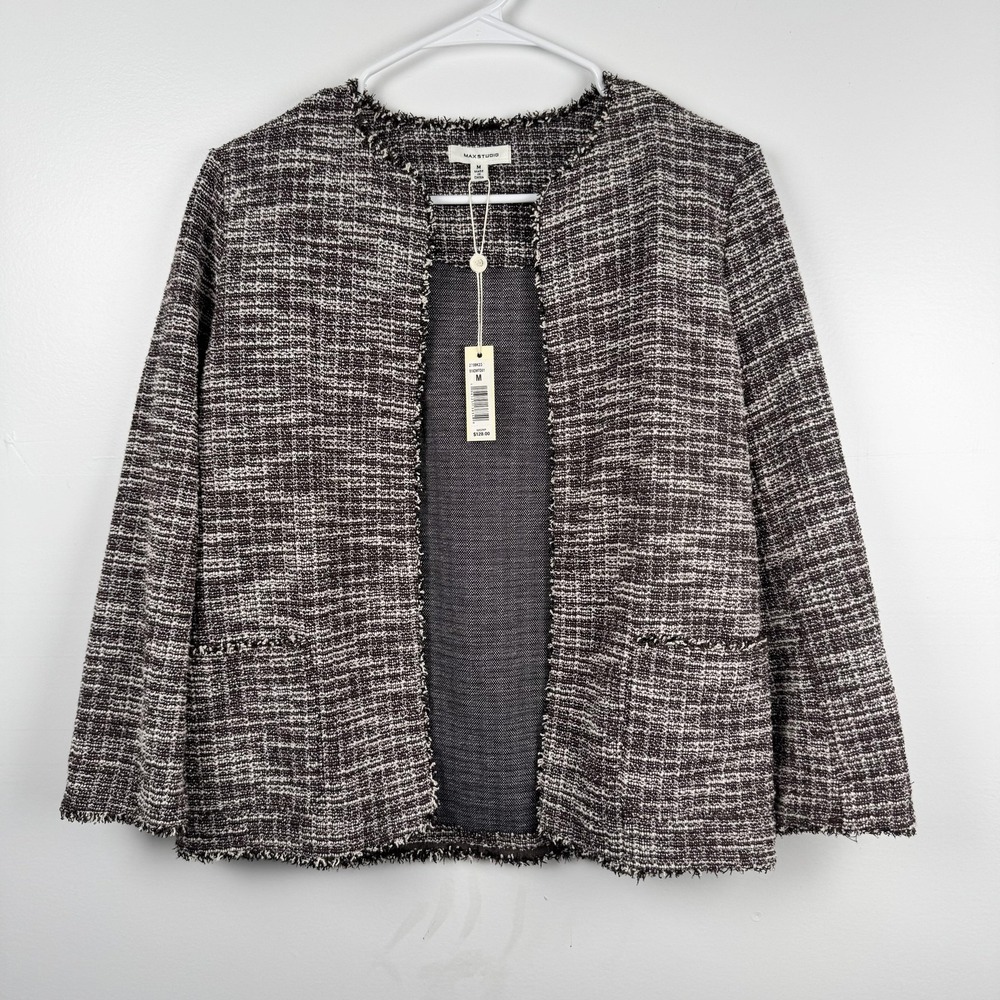 Max Studio Womens Brown White Plaid Open Front Tweed Blazer Fringe Jacket M
